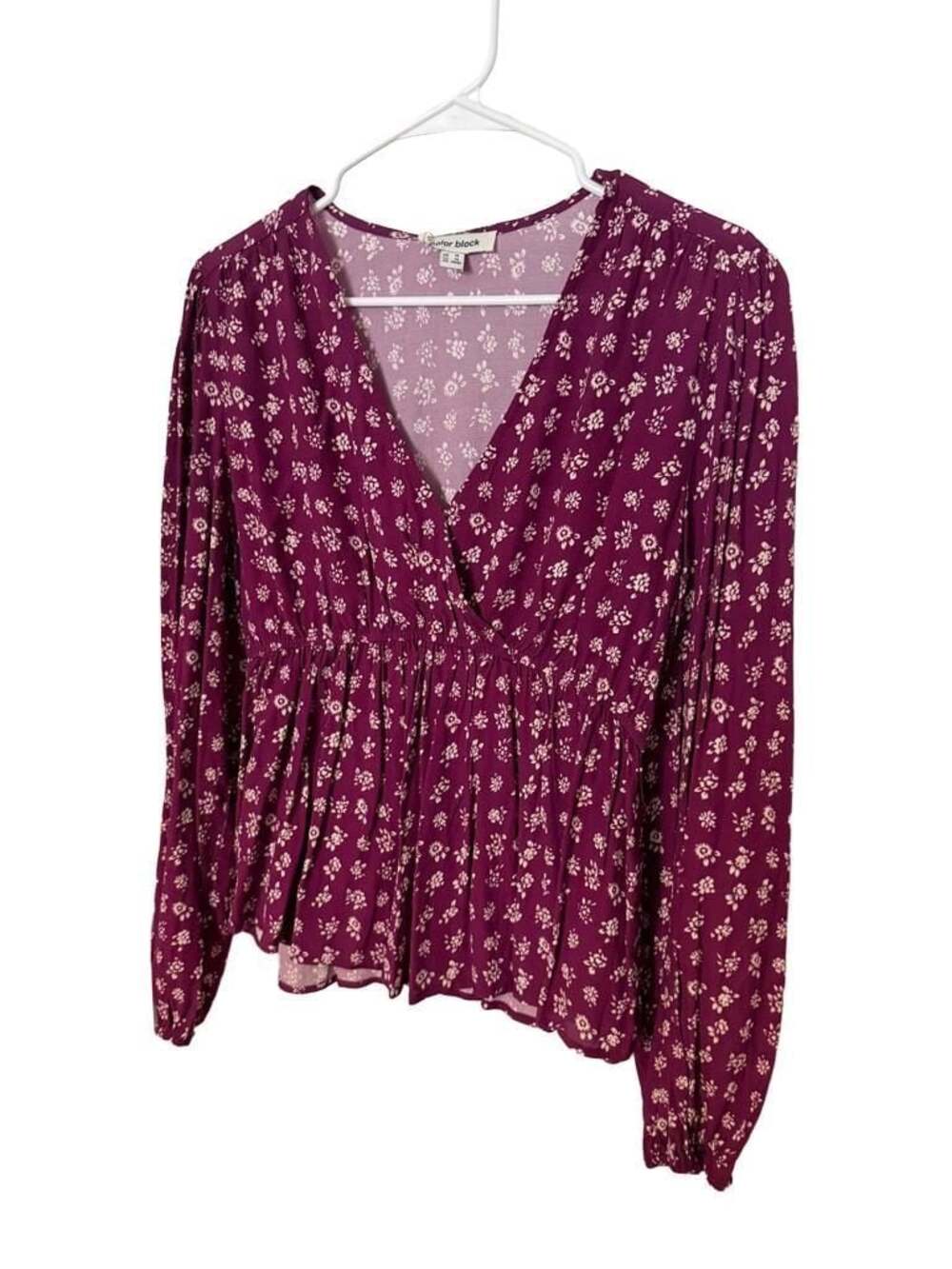 Color Block Purple Floral Long Sleeve Peplum Blouse